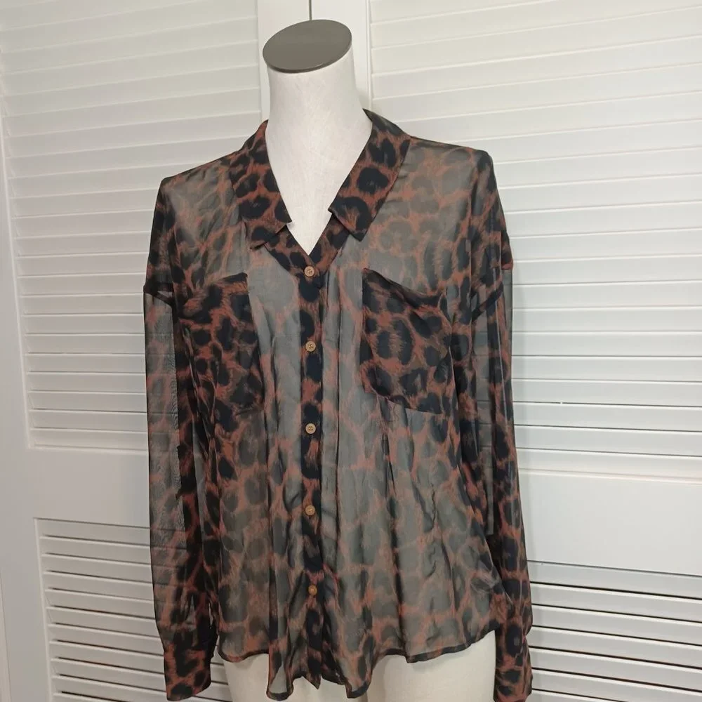Free People Blouse Easy Rider Black Brown Leopard Print Chiffon Shirt Size Small